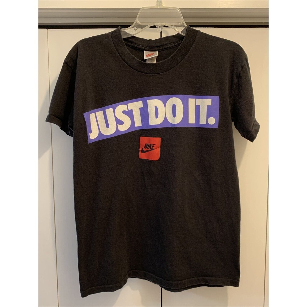 VTG NIKE Just Do It‎ BLACK/BLUE Box Logo Shirt Men’s SMALL RARE Made in USA